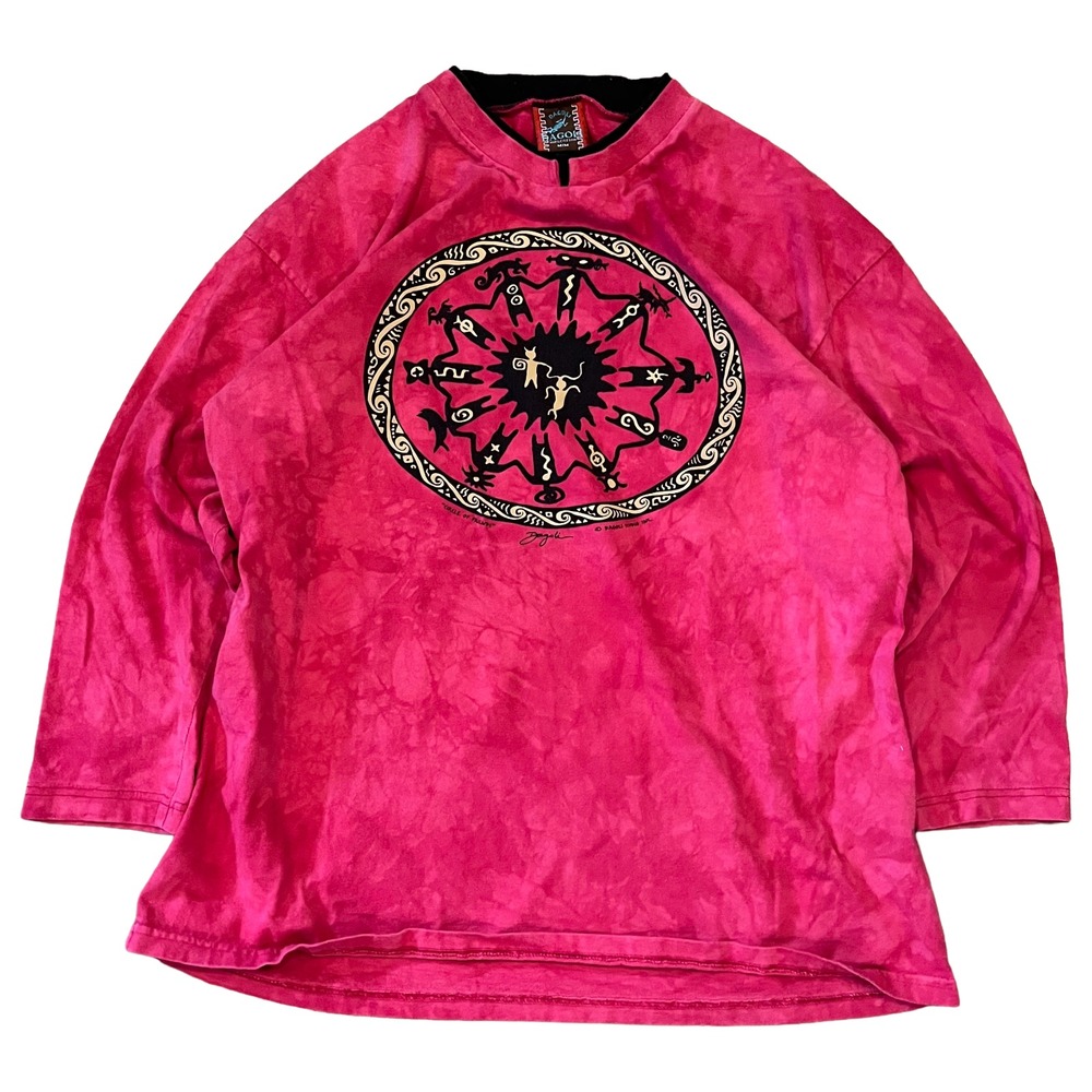 Vintage 90s Y2K DAGOLI Circle Of Friends Native Art Tribal Red Tie Dye Shirt Med